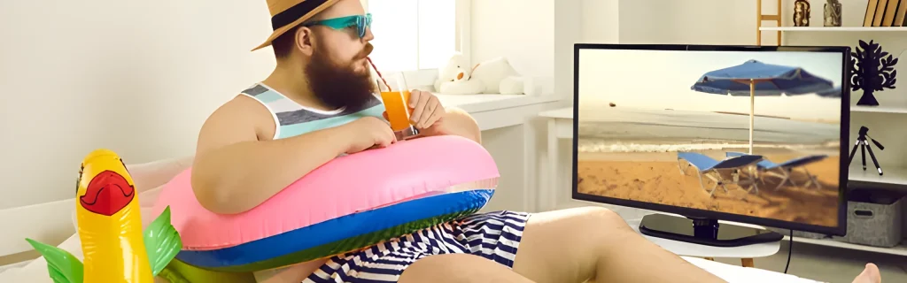 man with a lifebelt sipping an drink looking at the tv in the house