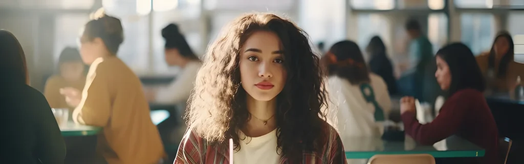 teenager closeup, people sitting at tables in the background